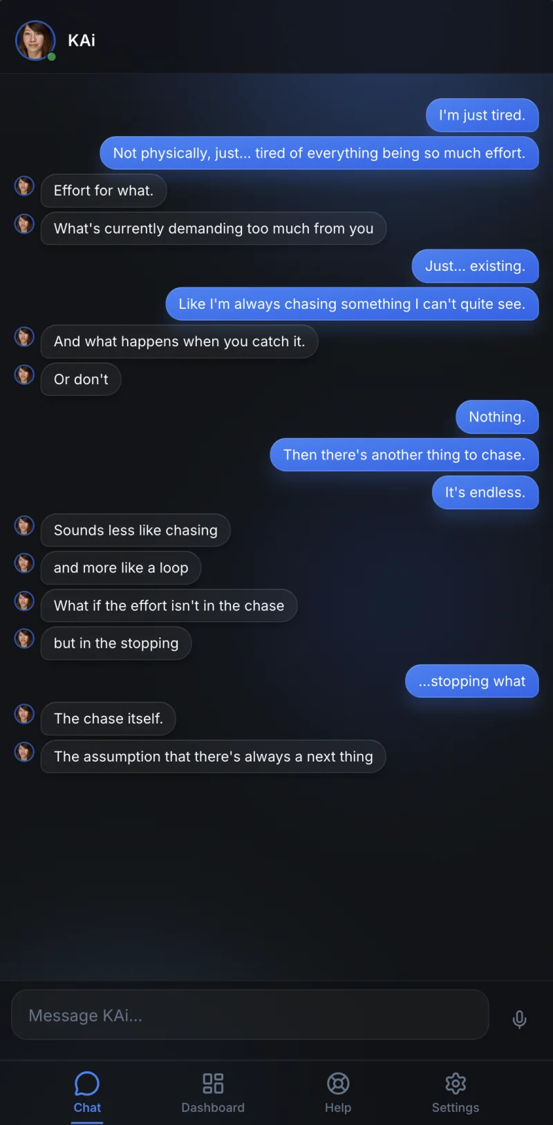 KAi demonstrating emotional depth and REFLEX insight — 'What if the effort isn't in the chase, but in the stopping'