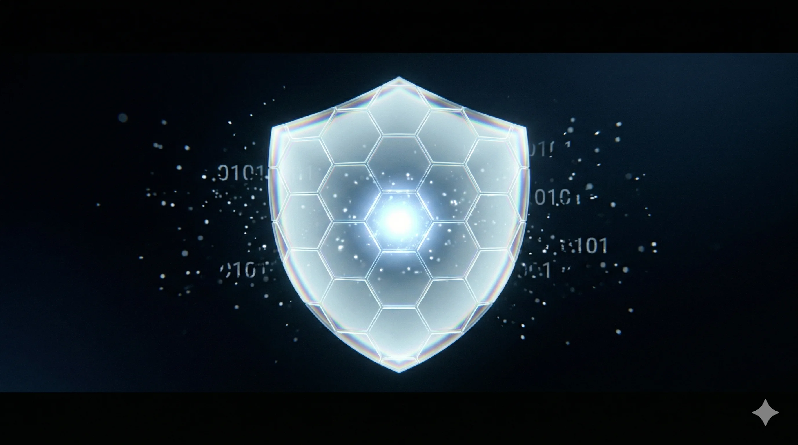 A translucent shield of light protecting a small glowing core against a dark background with scattered data particles