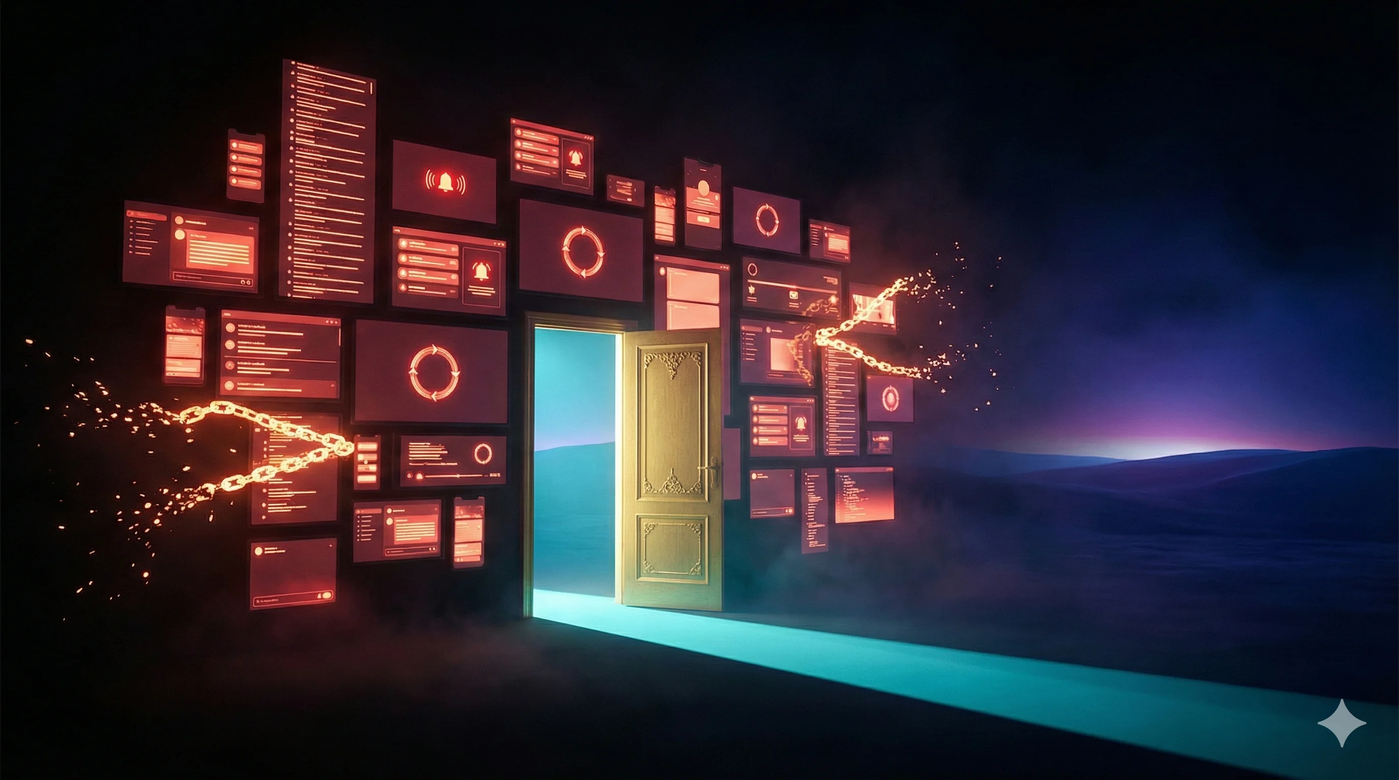 Wall of glowing red notification screens with breaking golden chains and an open door revealing calm cyan light beyond