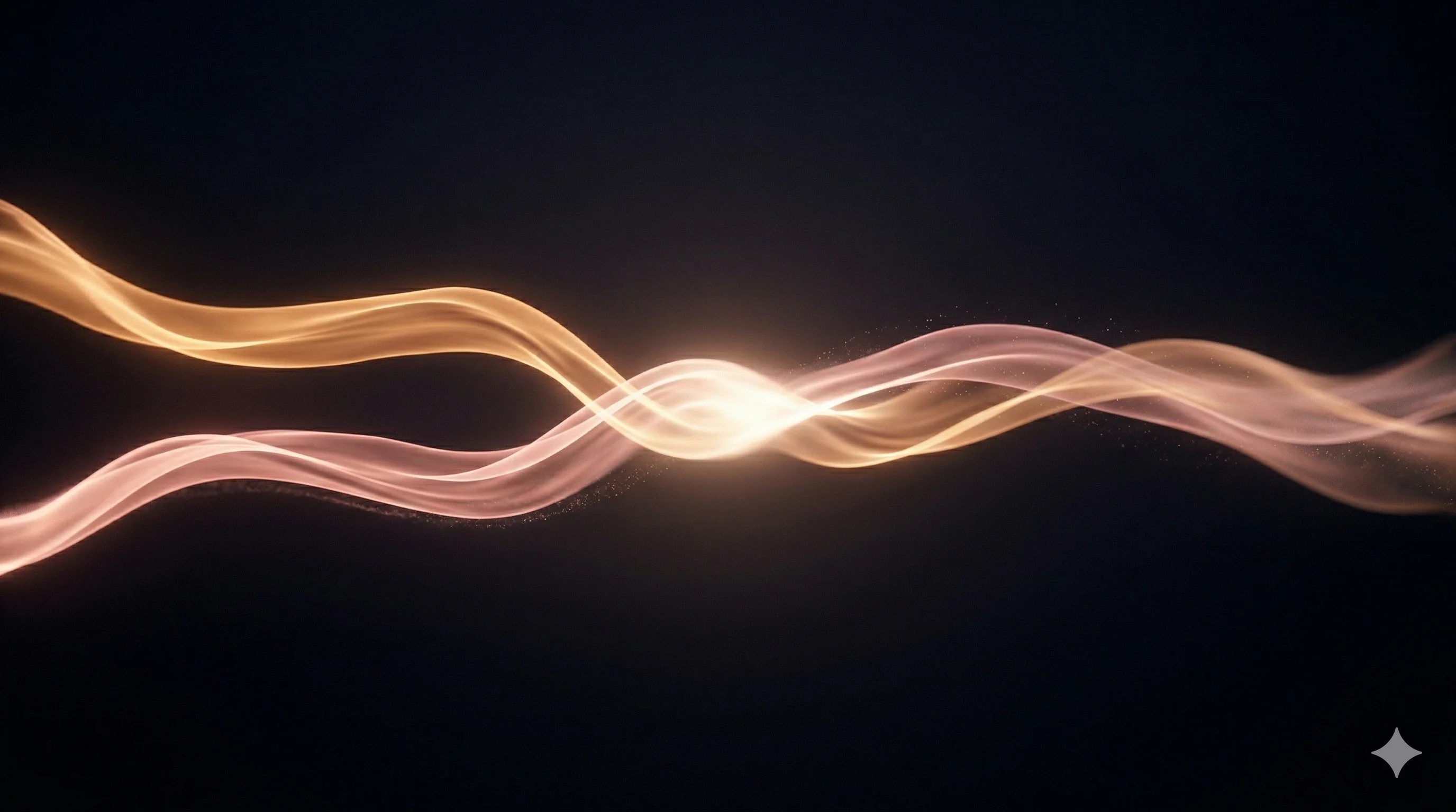 Two parallel streams of warm light converging and interweaving against a dark gradient