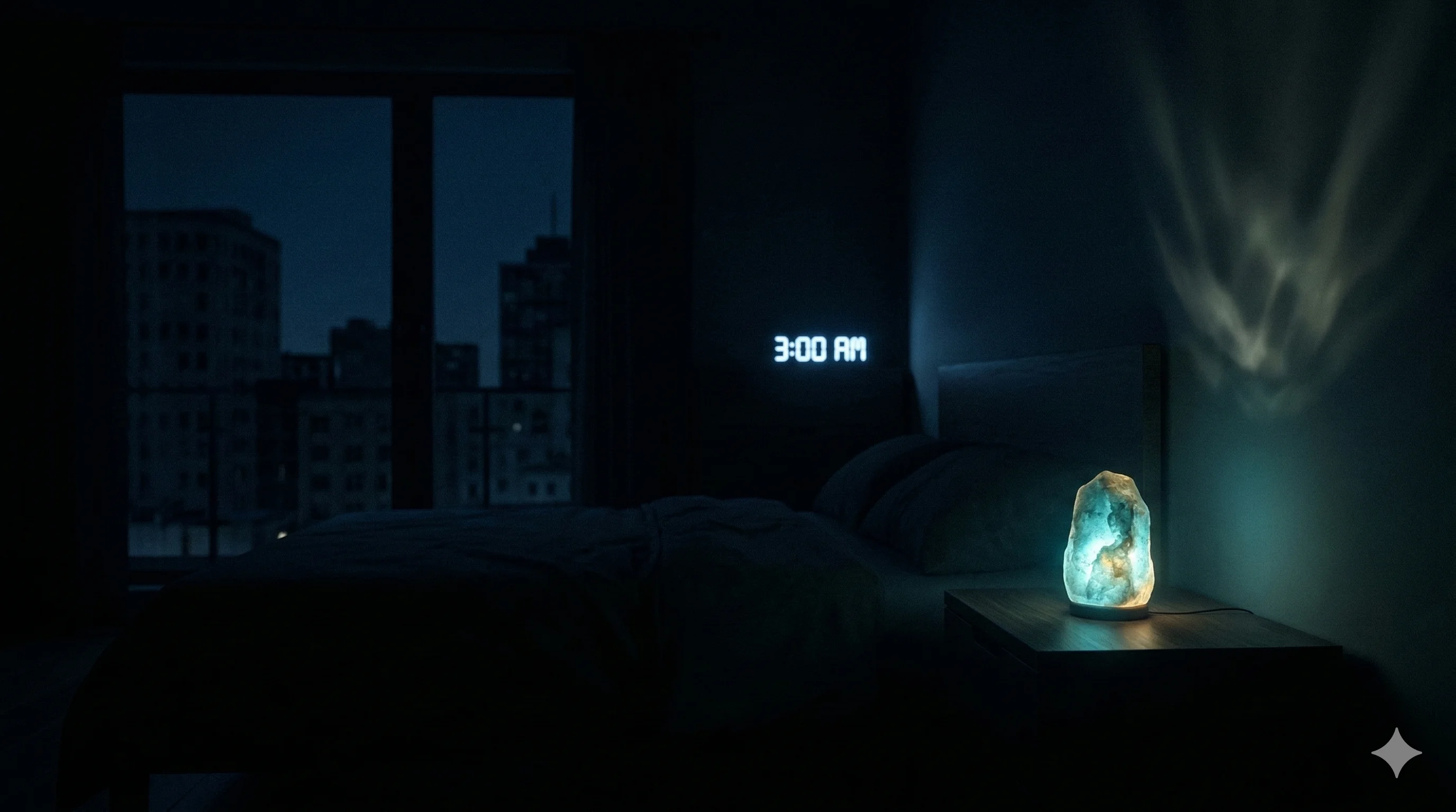 Single candle burning steadily in a dark room, its light reflected in rain-covered glass, a subtle dawn beginning at the horizon