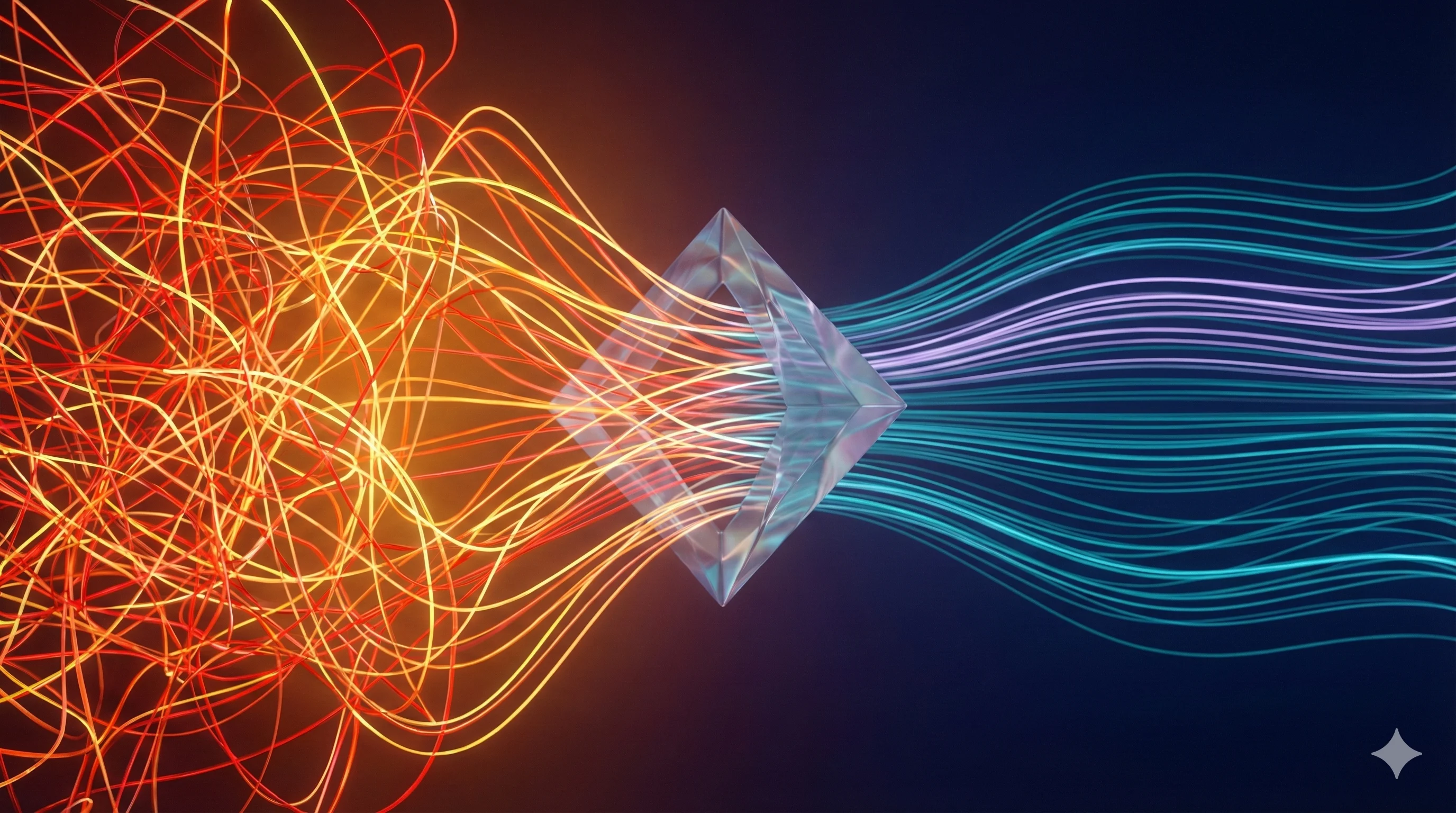 Chaotic tangle of warm light streams passing through a crystal prism and emerging as calm, organized cyan waves