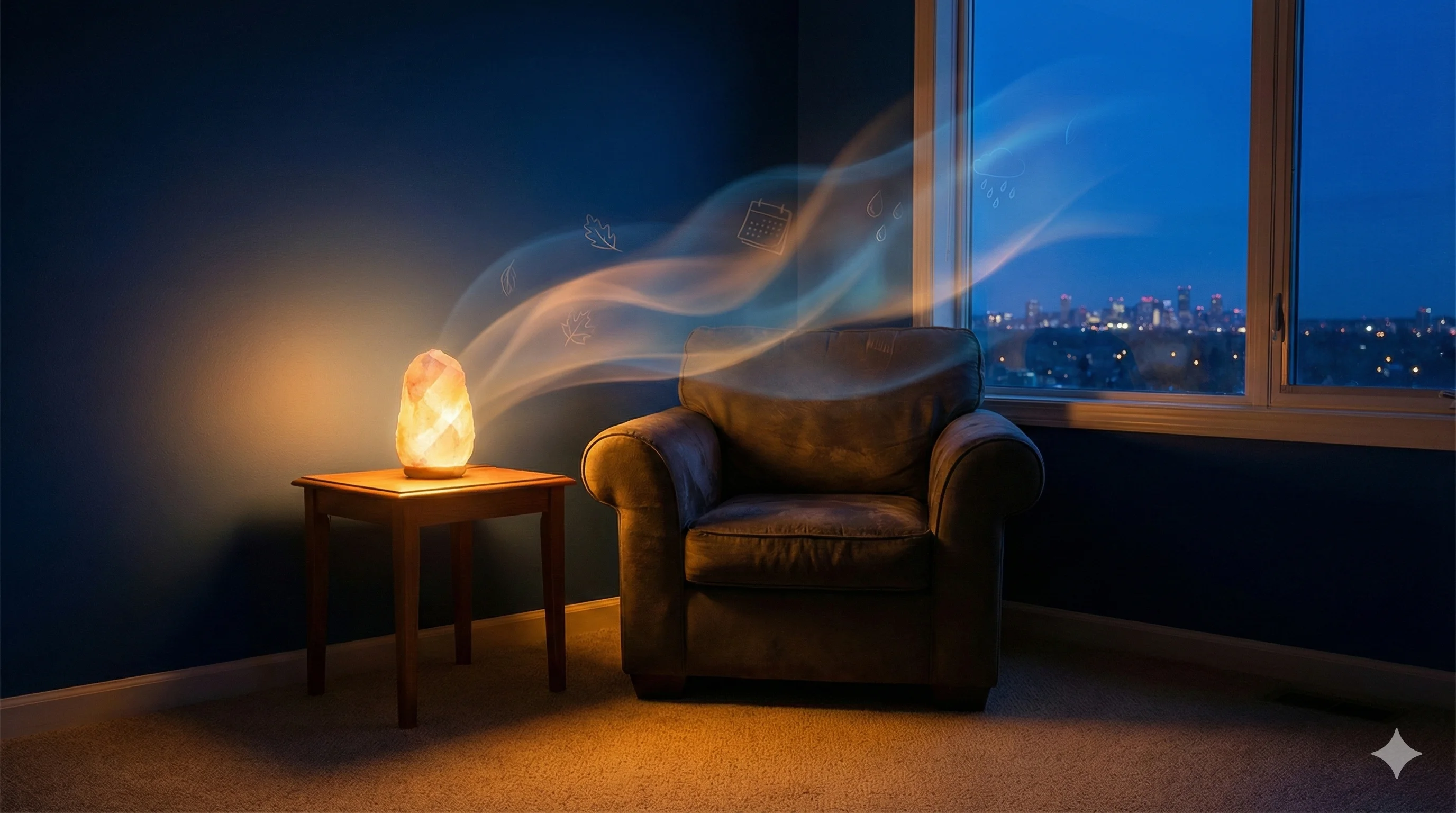 Warm salt lamp glowing beside an armchair in a quiet evening room with city lights visible through the window