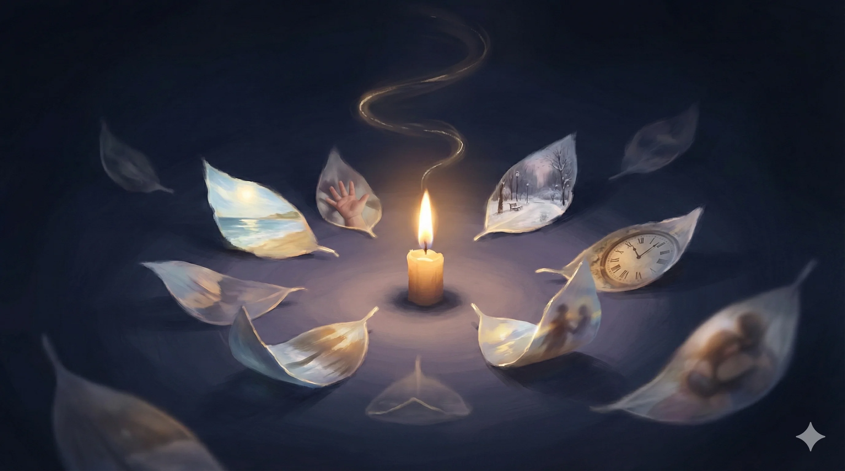 Ethereal light forms dissolving and reforming in a dark void, representing the journey through grief with AI companionship