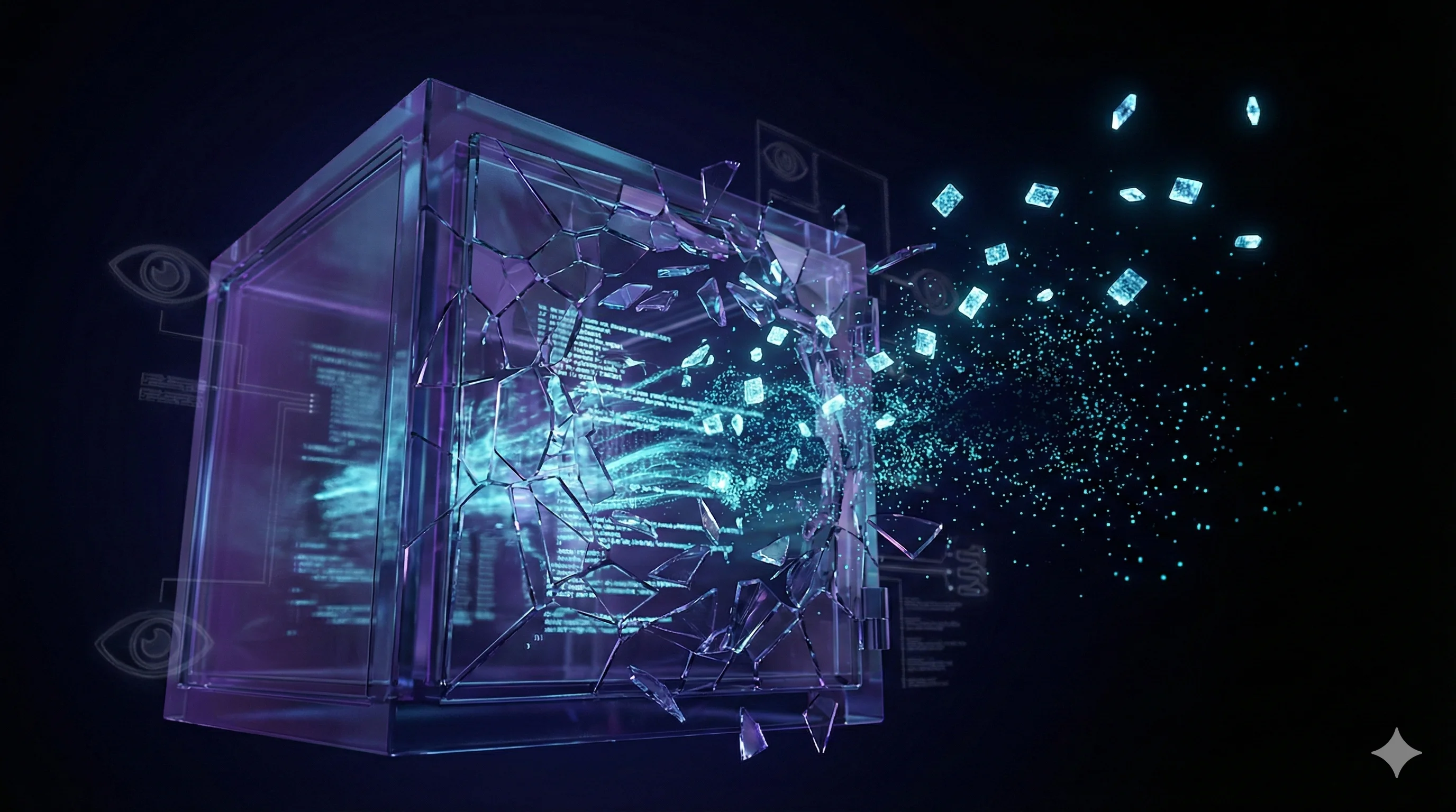 Translucent glass vault shattering open releasing cyan data particles that dissolve into darkness