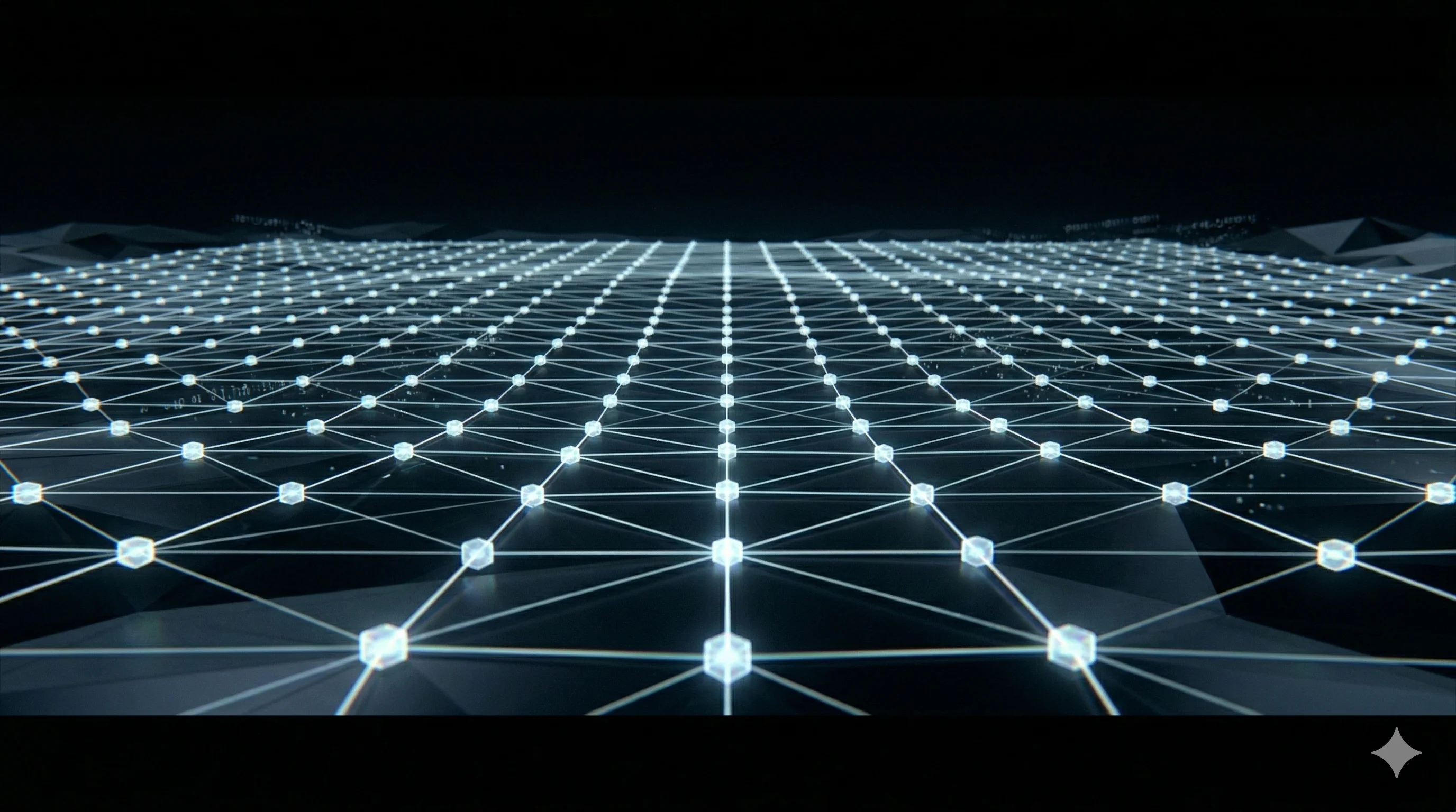 A geometric grid of interconnected light nodes forming a protective lattice over a dark landscape