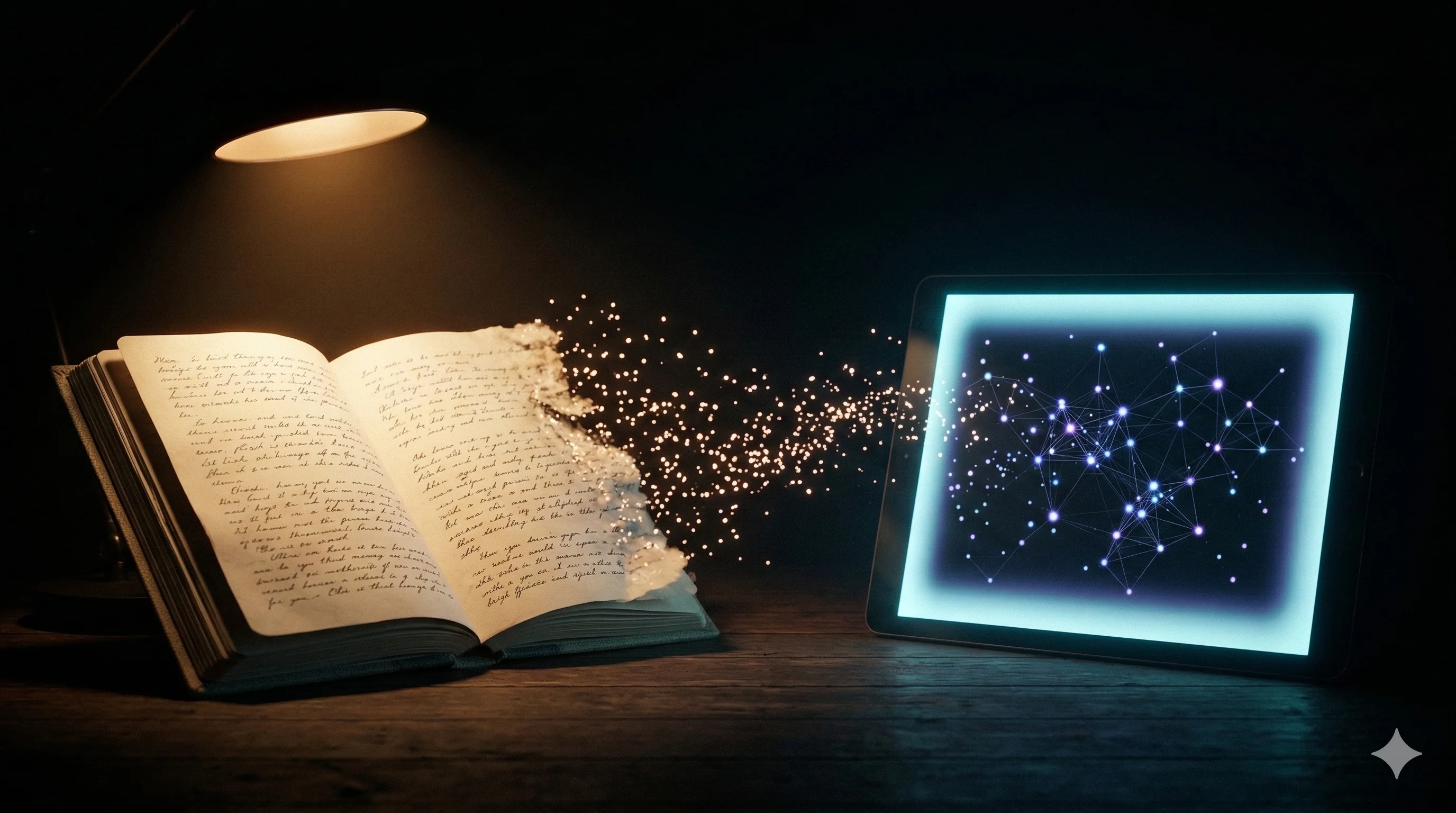 Open journal on a wooden desk beside a softly glowing screen, handwritten pages dissolving gently into light at the edges