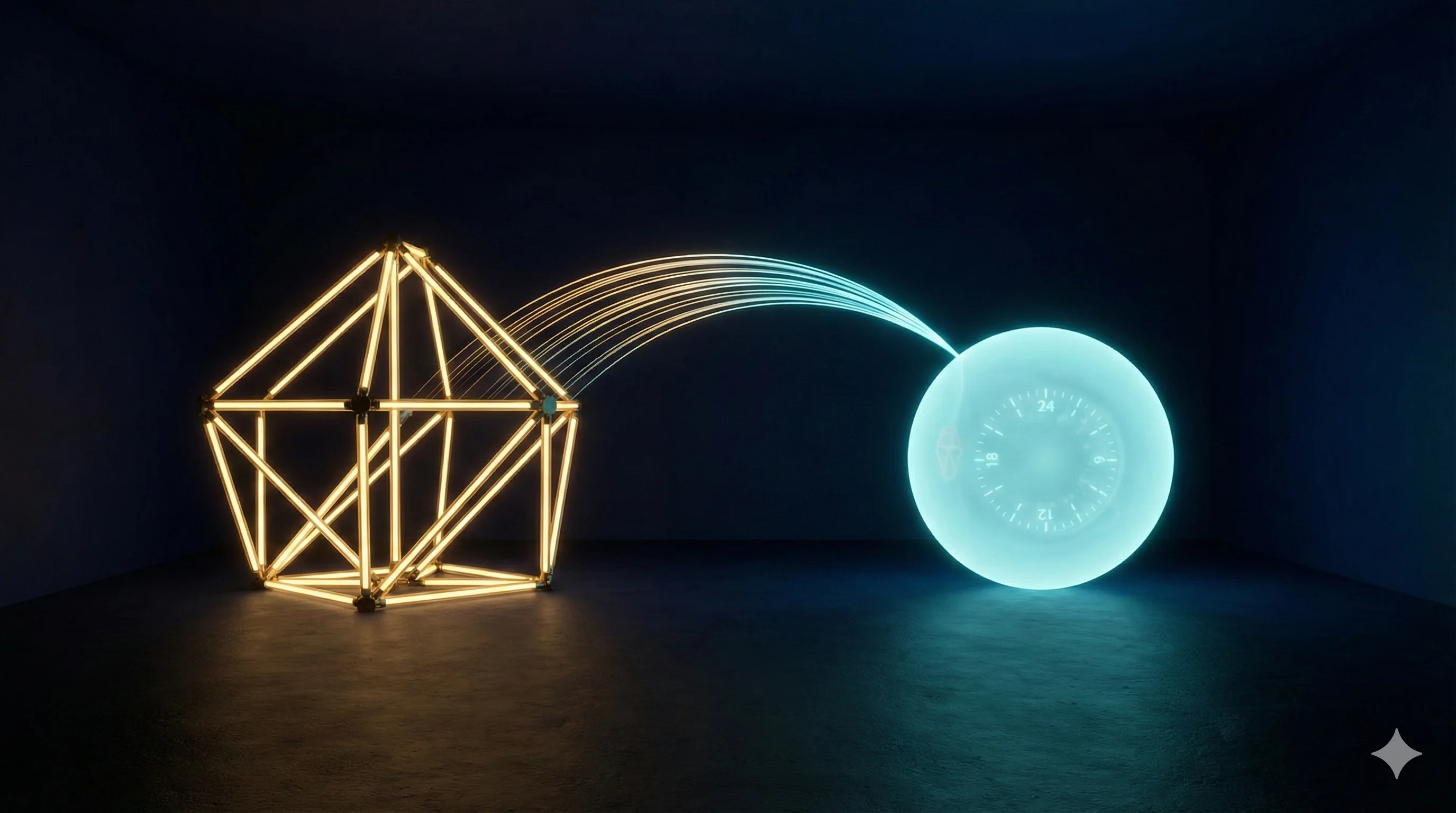 Golden geometric wireframe structure connected by light streams to a glowing cyan sphere with a 24-hour clock face