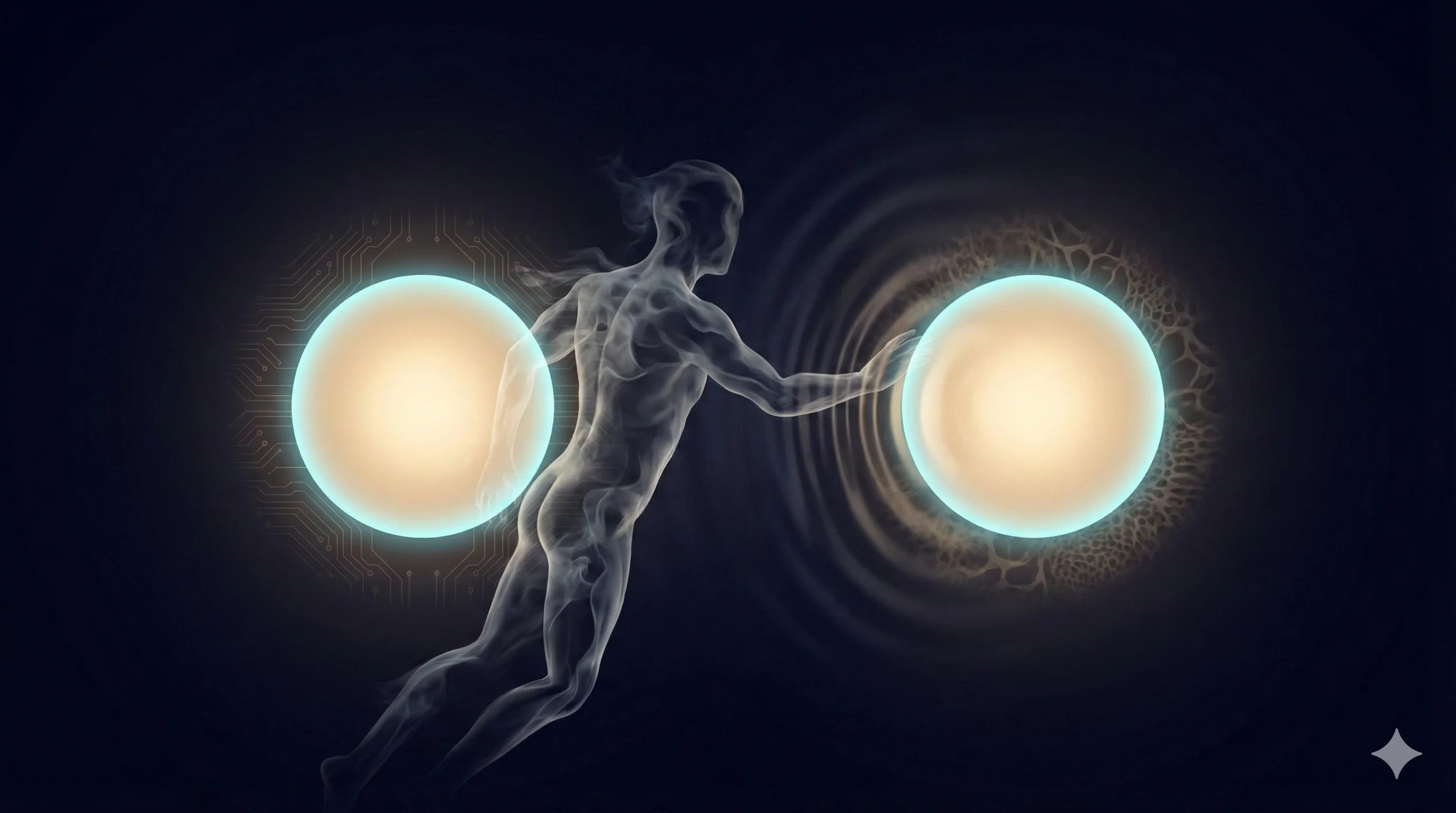 Translucent figure suspended between two glowing orbs representing digital and biological empathy