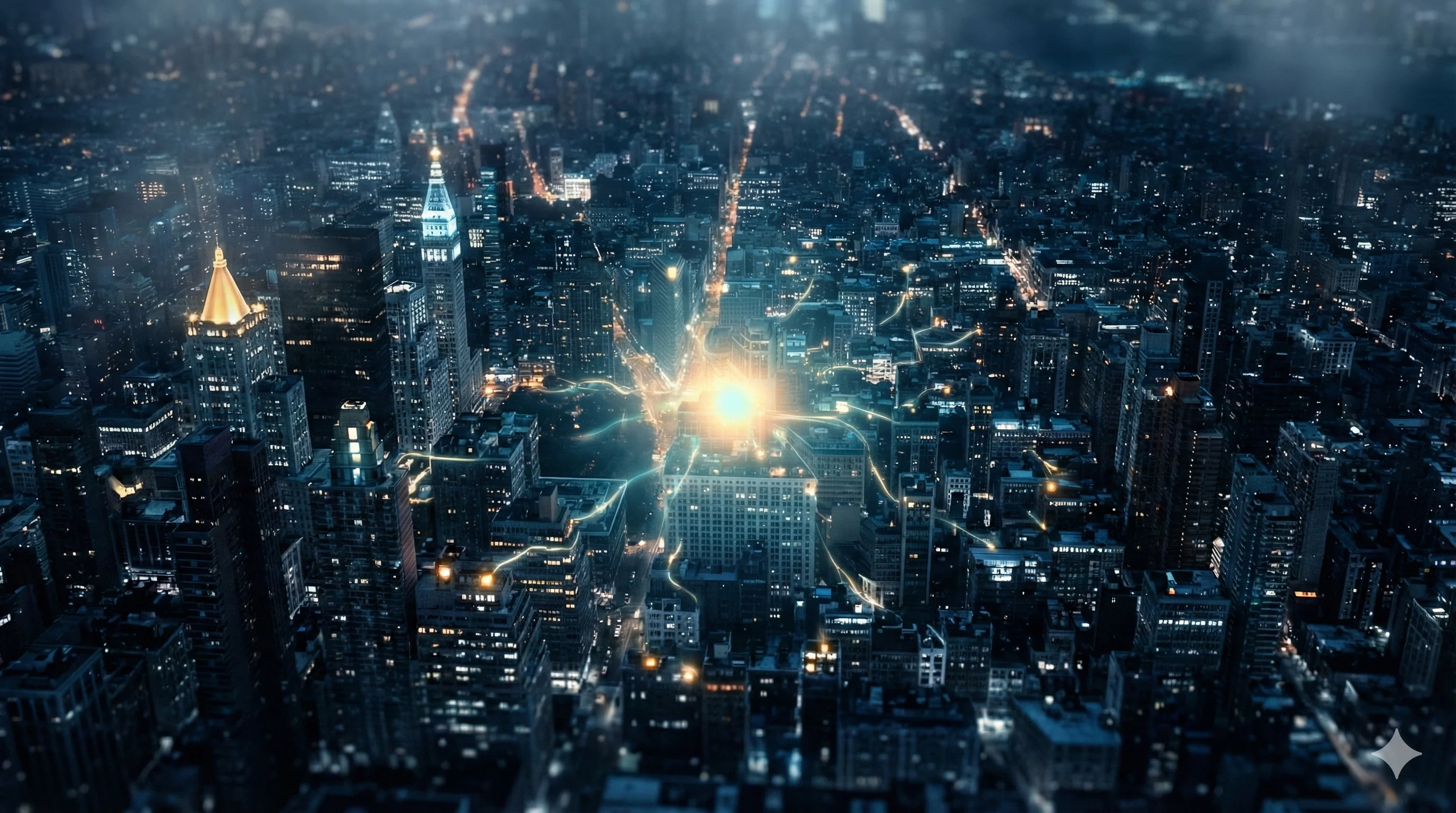 Aerial view of dark cityscape with golden light source connecting isolated windows through threads of warmth