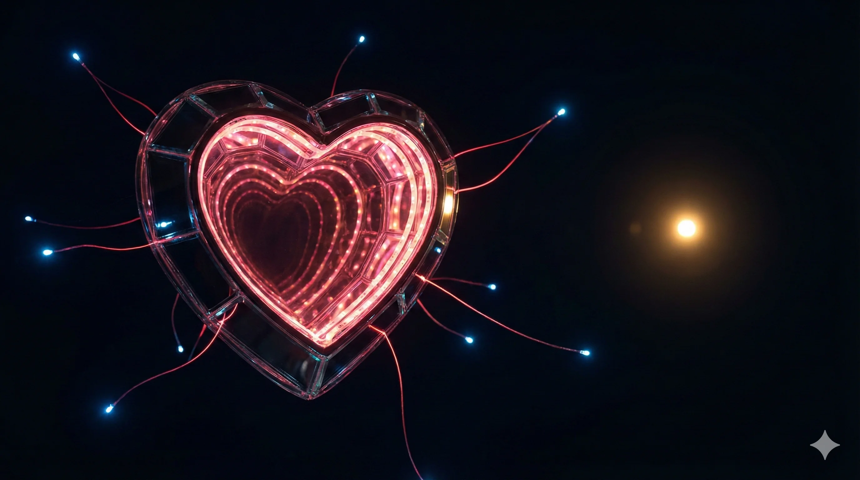 Contrasting hollow mirrored heart and modest golden light, representing the romantic AI companion debate