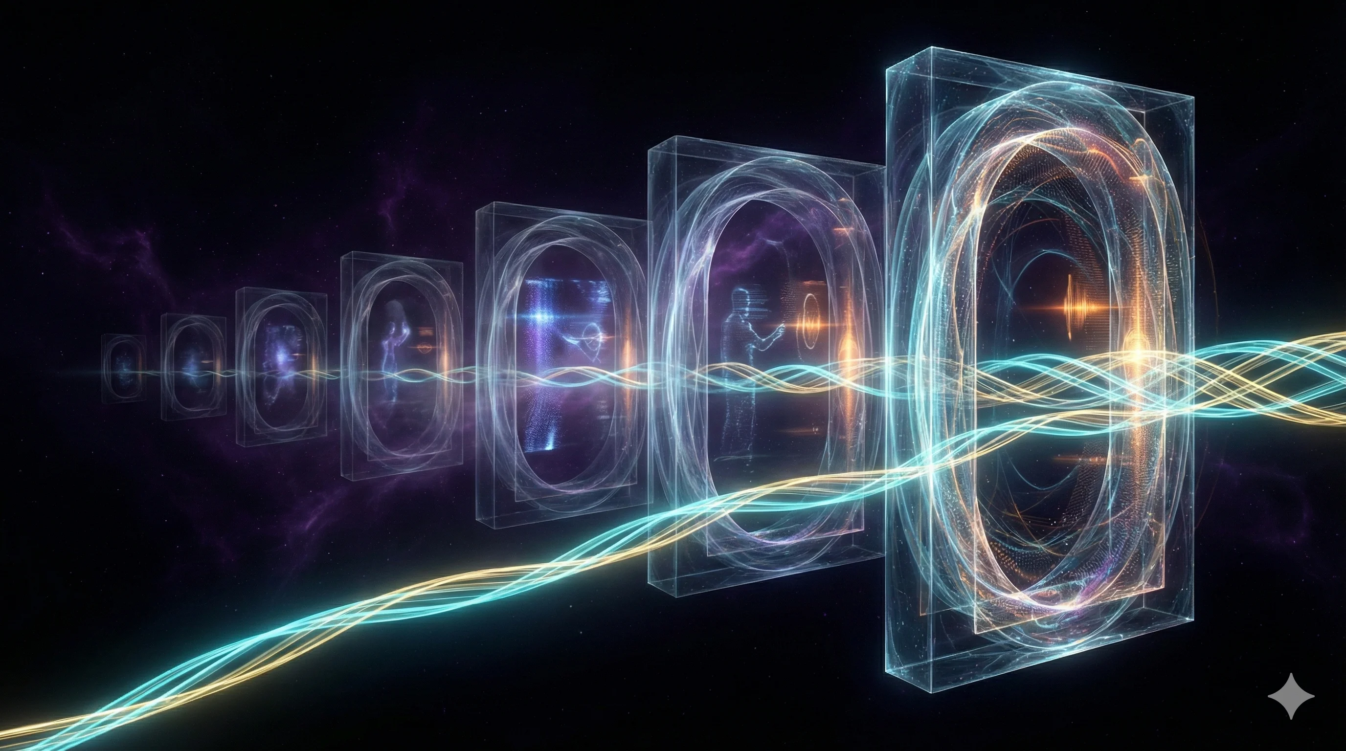 Luminous thread of light passing through translucent temporal gates in a dark infinite corridor