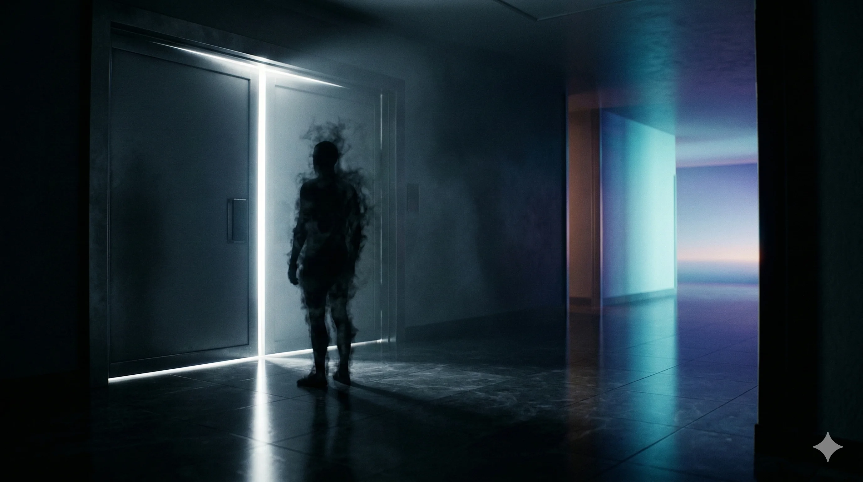 Man standing alone at a large window in early morning light, city stretching below, posture suggesting quiet reflection rather than distress