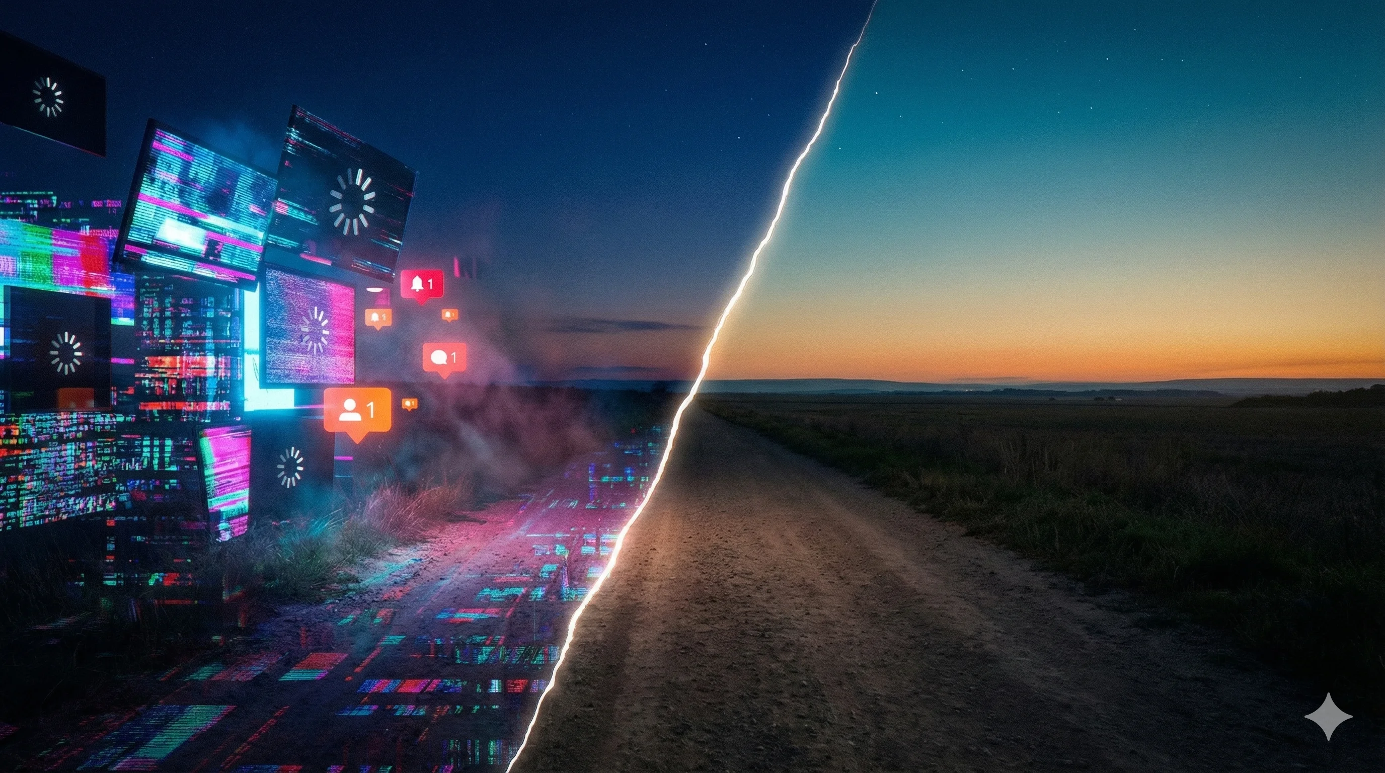Two diverging digital paths at dusk: one path consumed in chaotic neon-blue noise and screens, the other opening onto a calm horizon lit by steady warm light
