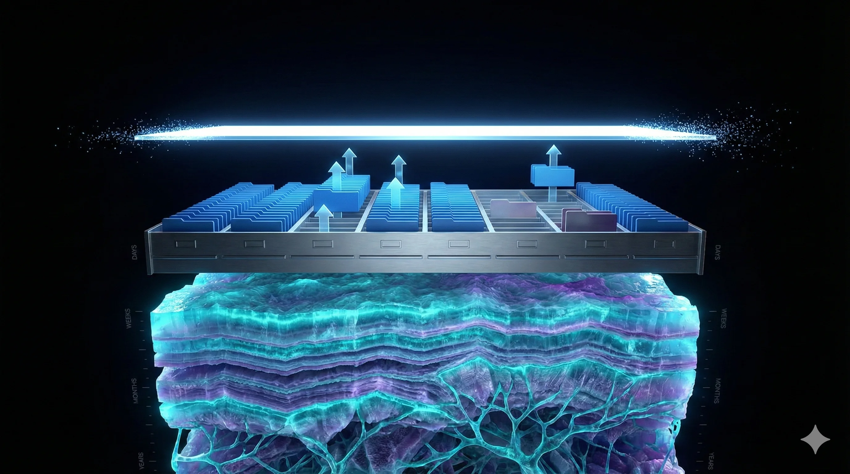 Layered crystalline memory structures with flowing data streams, representing how AI long-term memory architecture works