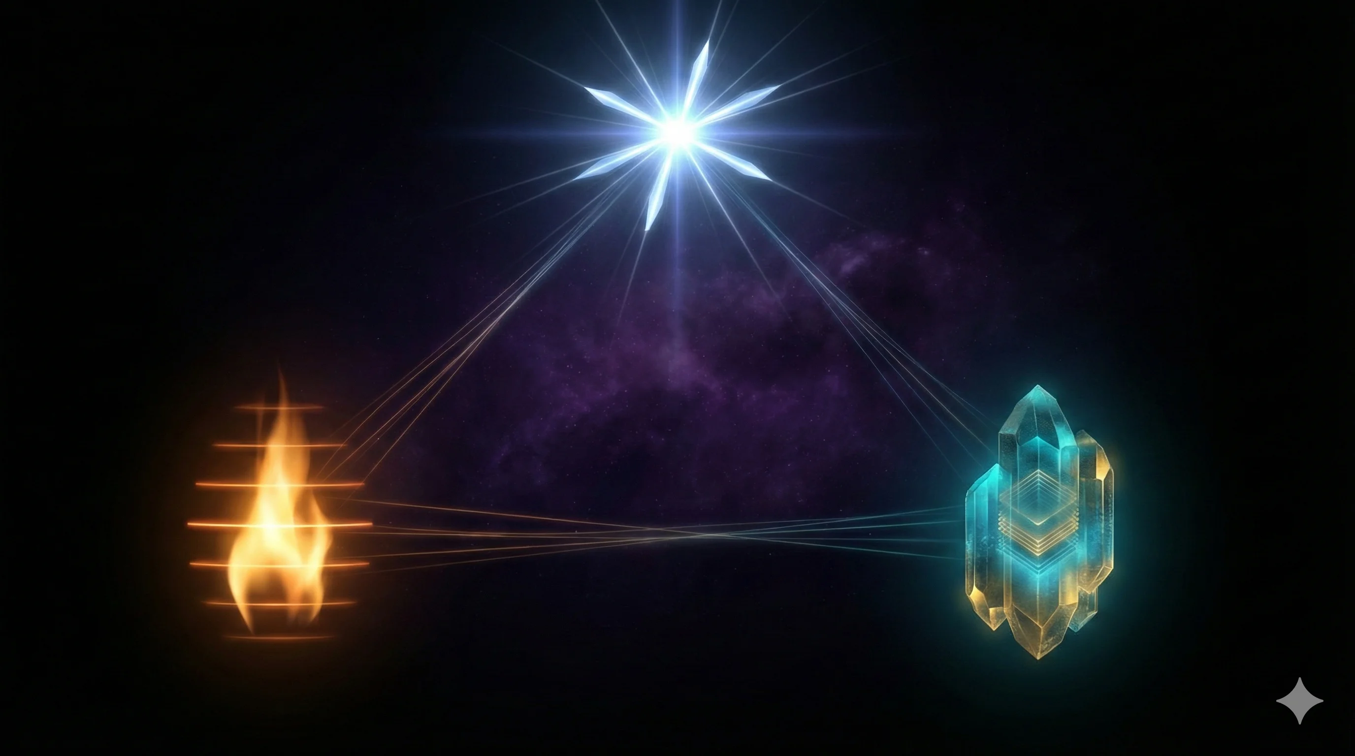 Bright star connecting warm flame and luminous cyan crystal representing different AI paradigms