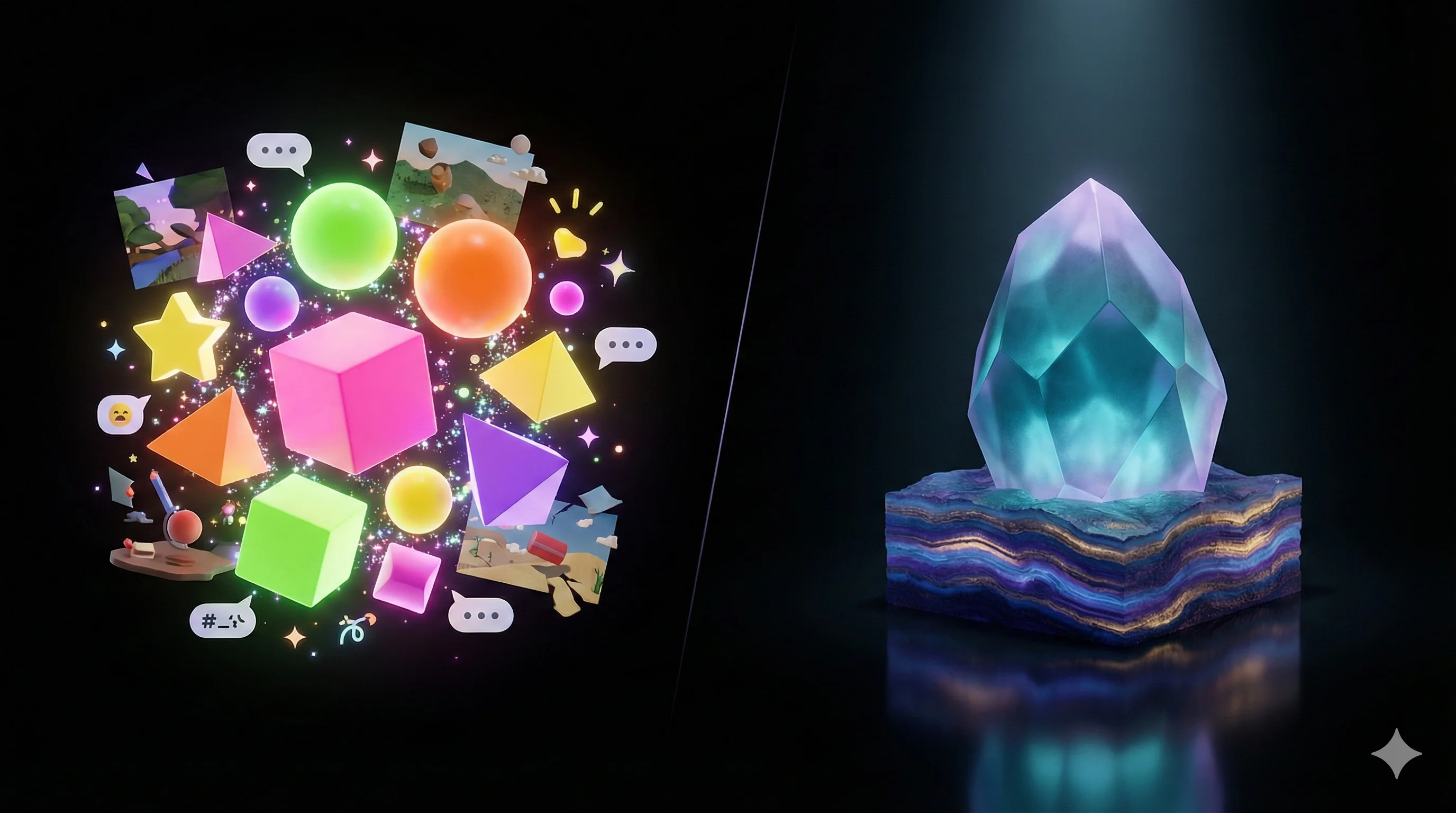 Two distinct digital architectures facing each other across a dark void, representing KAi and Nomi AI comparison