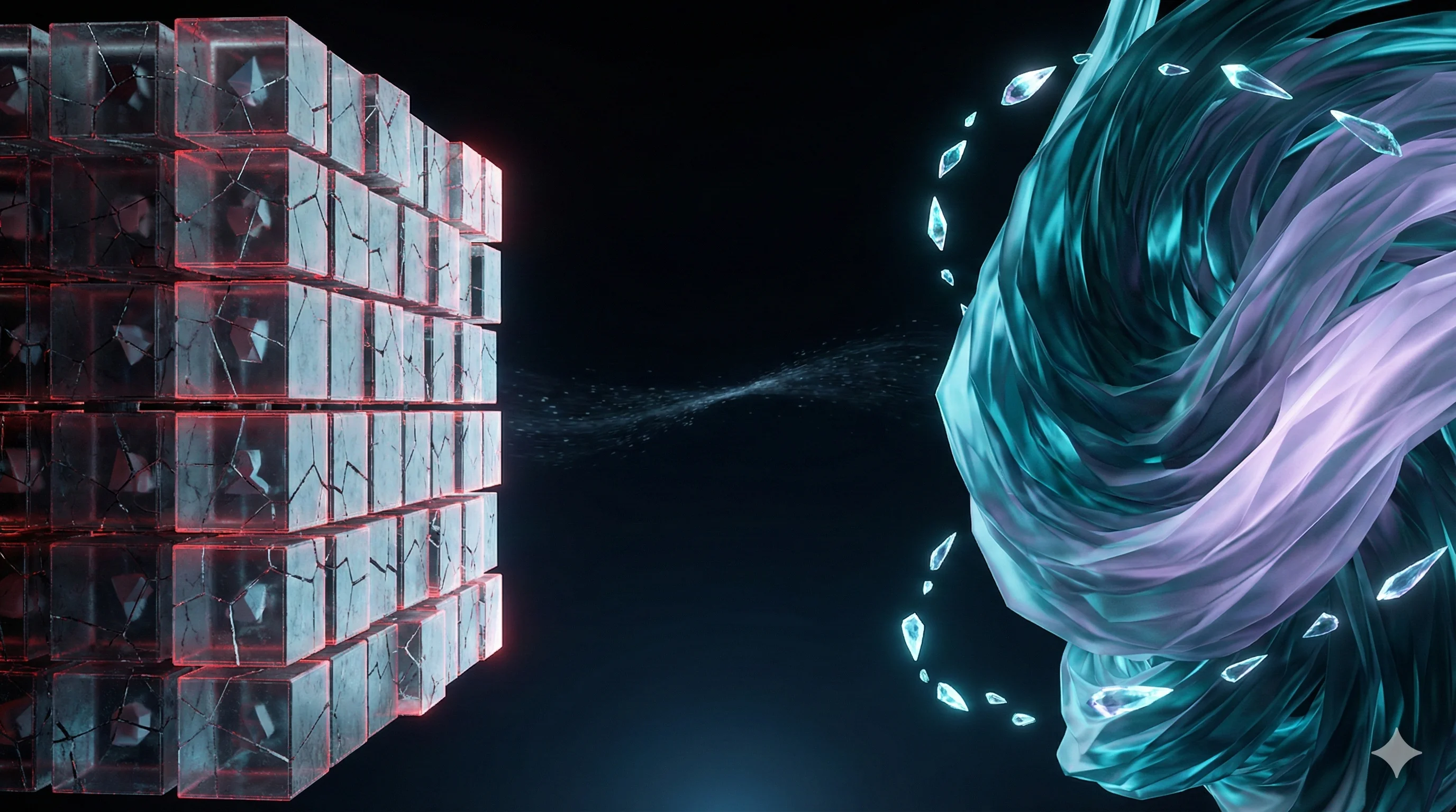 Two digital architectures facing each other across a dark void, cracked data blocks versus fluid crystalline formation