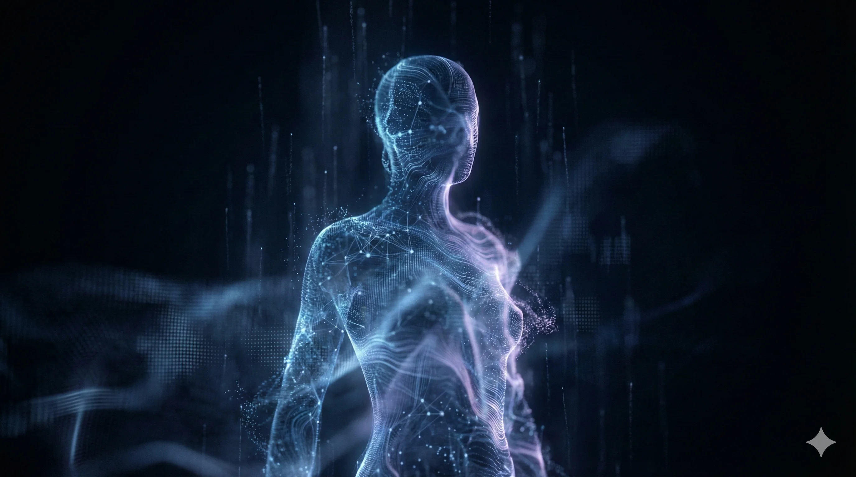 Translucent digital figure emerging from data streams and neural network nodes