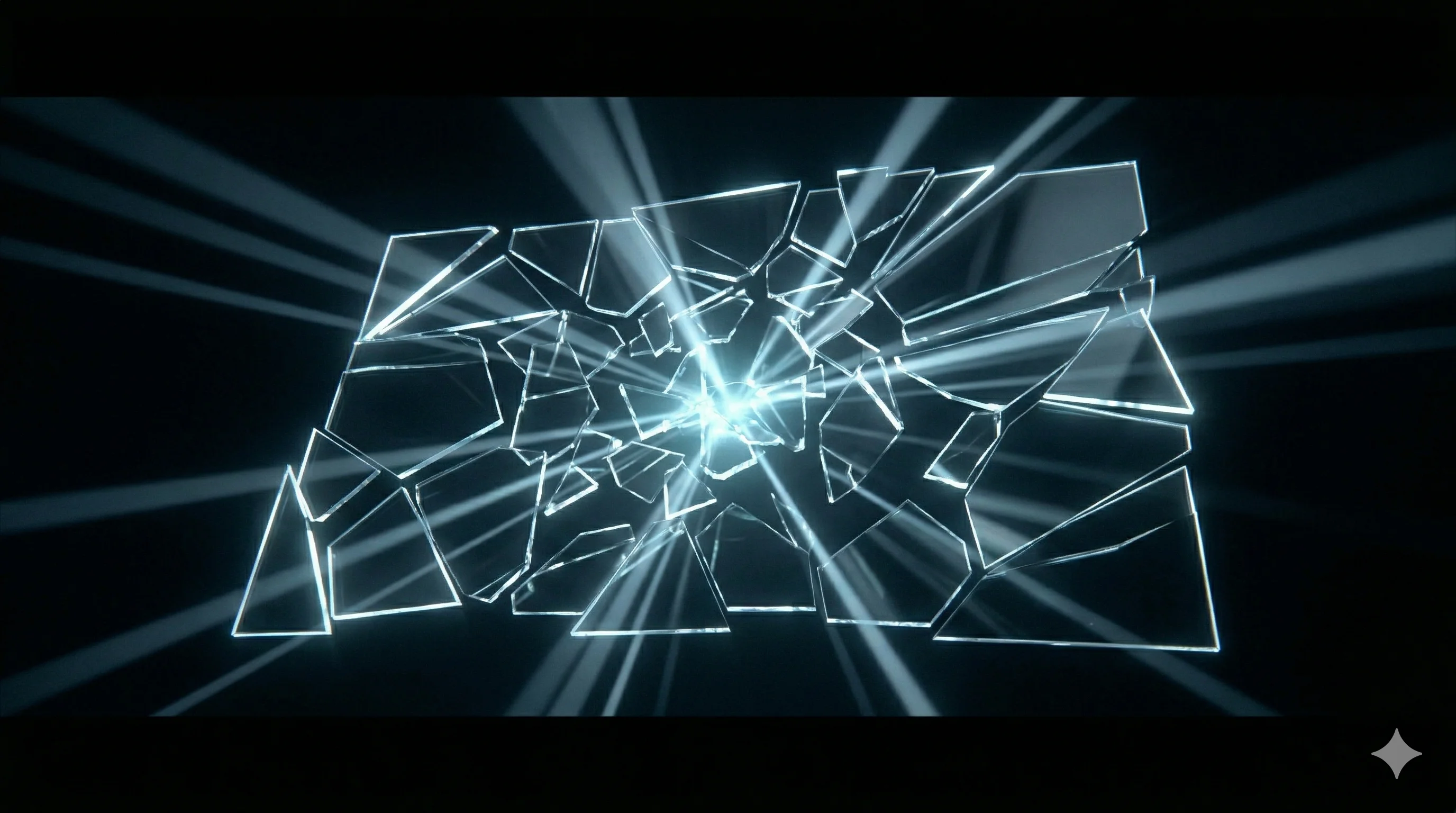 A fragmented mirror reflecting scattered pieces of light against a dark background